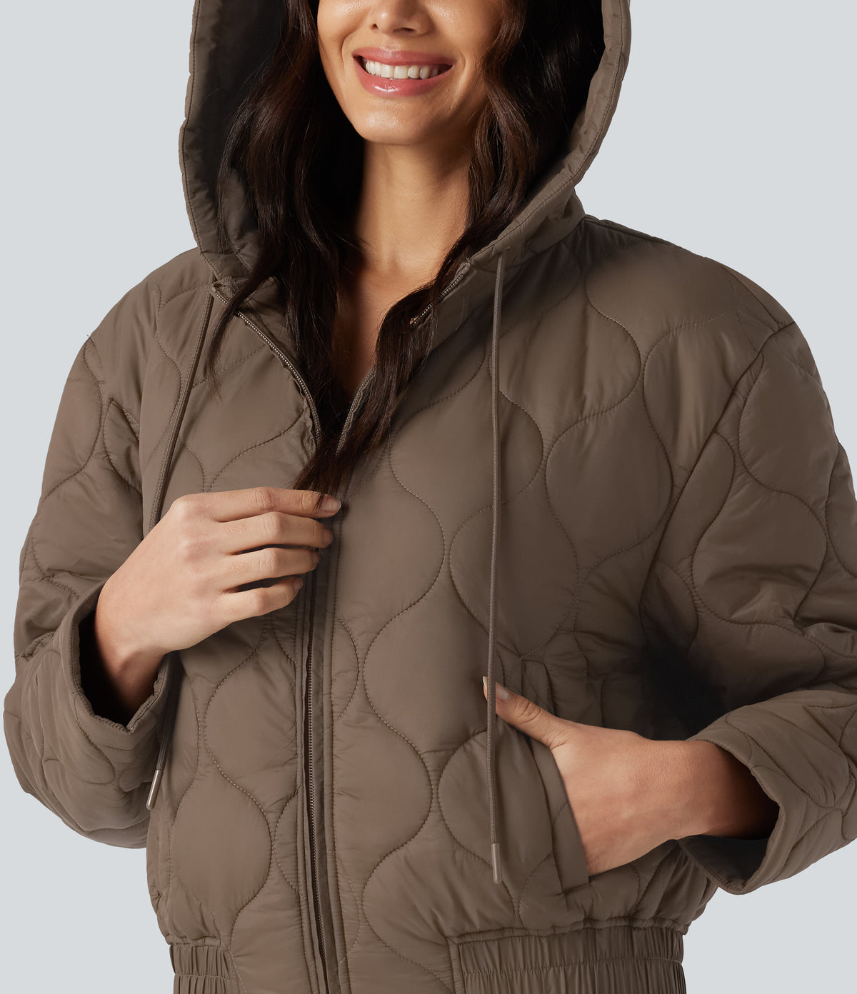 Hooded Drawstring Long Sleeve Casual Padded Jacket with Pockets — Shitake — view 7