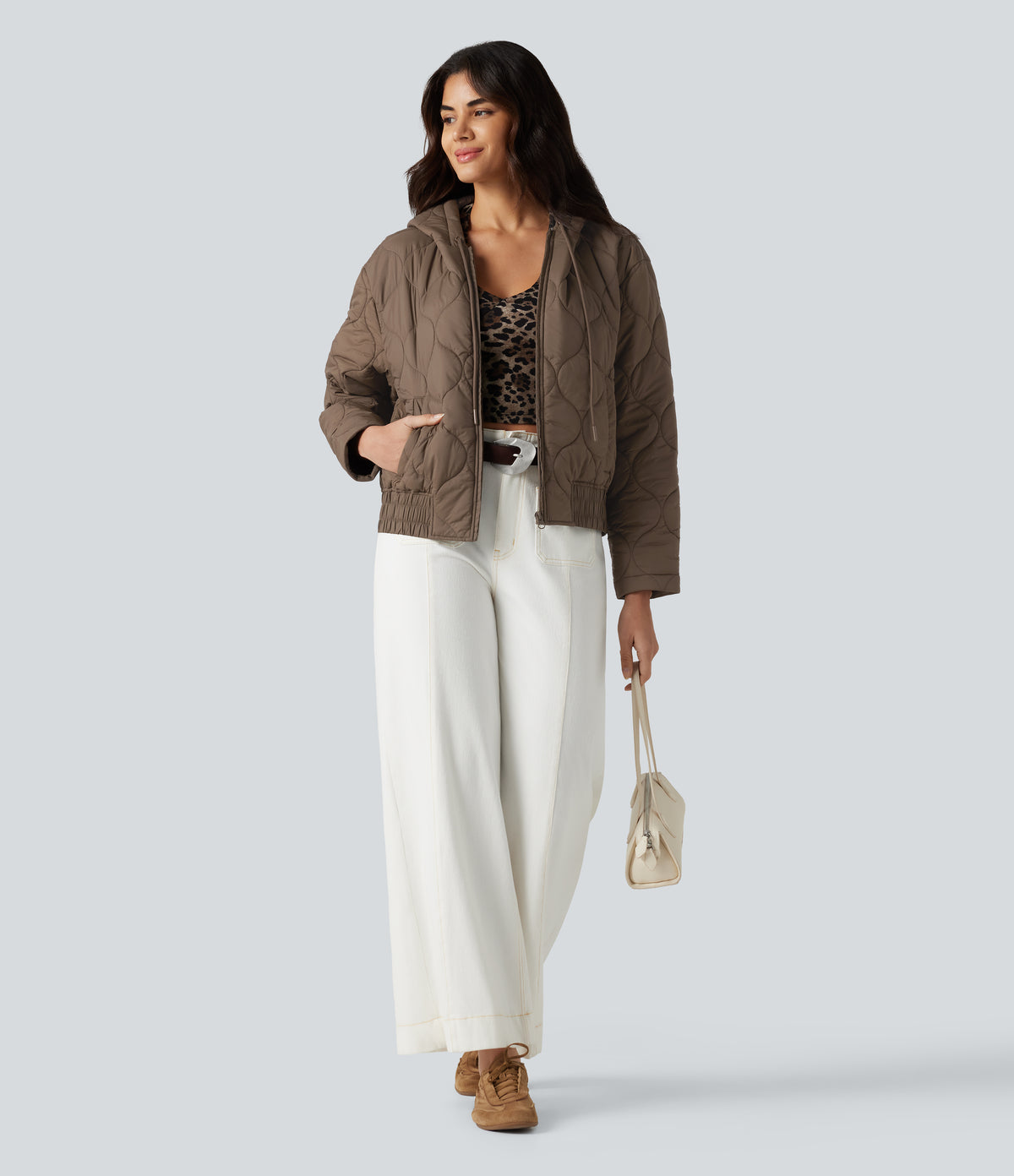 Hooded Drawstring Long Sleeve Casual Padded Jacket with Pockets — Shitake — view 8