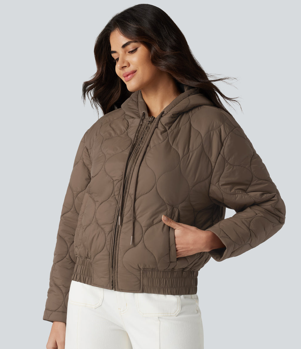 Hooded Drawstring Long Sleeve Casual Padded Jacket with Pockets — Shitake — view 6