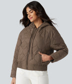 Hooded Drawstring Long Sleeve Casual Padded Jacket with Pockets — Shitake — view 6