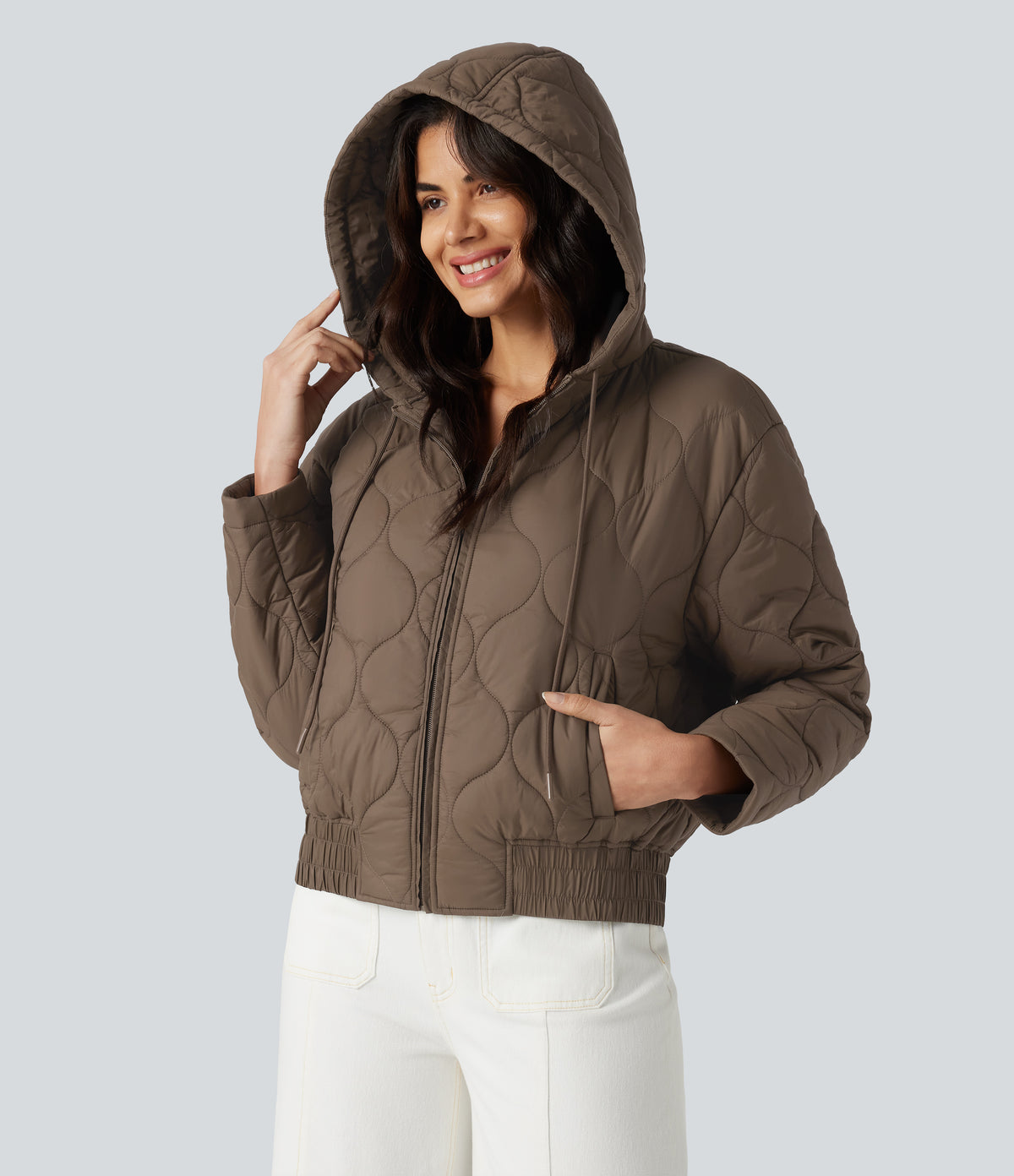 Hooded Drawstring Long Sleeve Casual Padded Jacket with Pockets — Shitake — view 5