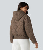 Hooded Drawstring Long Sleeve Casual Padded Jacket with Pockets — Shitake — view 2