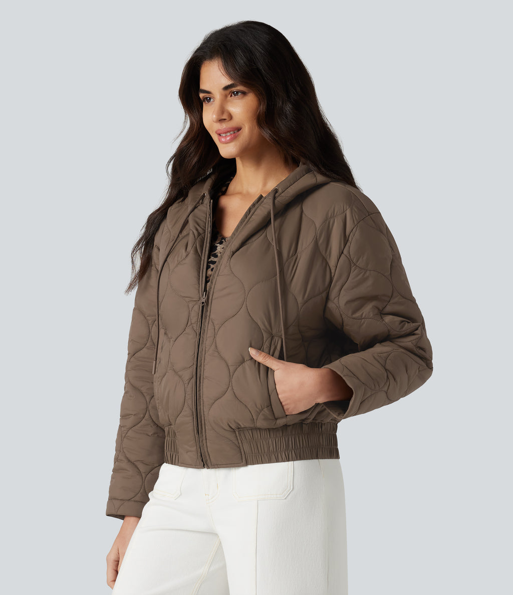Hooded Drawstring Long Sleeve Casual Padded Jacket with Pockets — Shitake — view 4