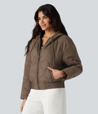 Hooded Drawstring Long Sleeve Casual Padded Jacket with Pockets — Shitake — view 4