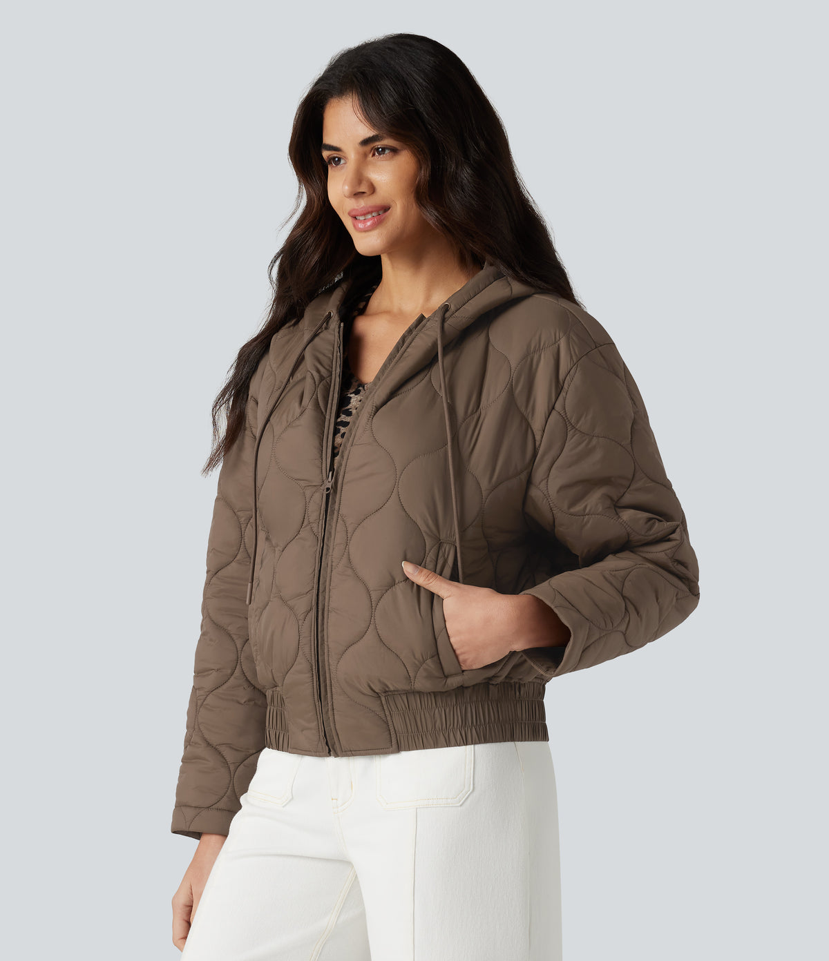 Hooded Drawstring Long Sleeve Casual Padded Jacket with Pockets — Shitake — view 4