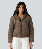 Hooded Drawstring Long Sleeve Casual Padded Jacket with Pockets — Shitake — view 3