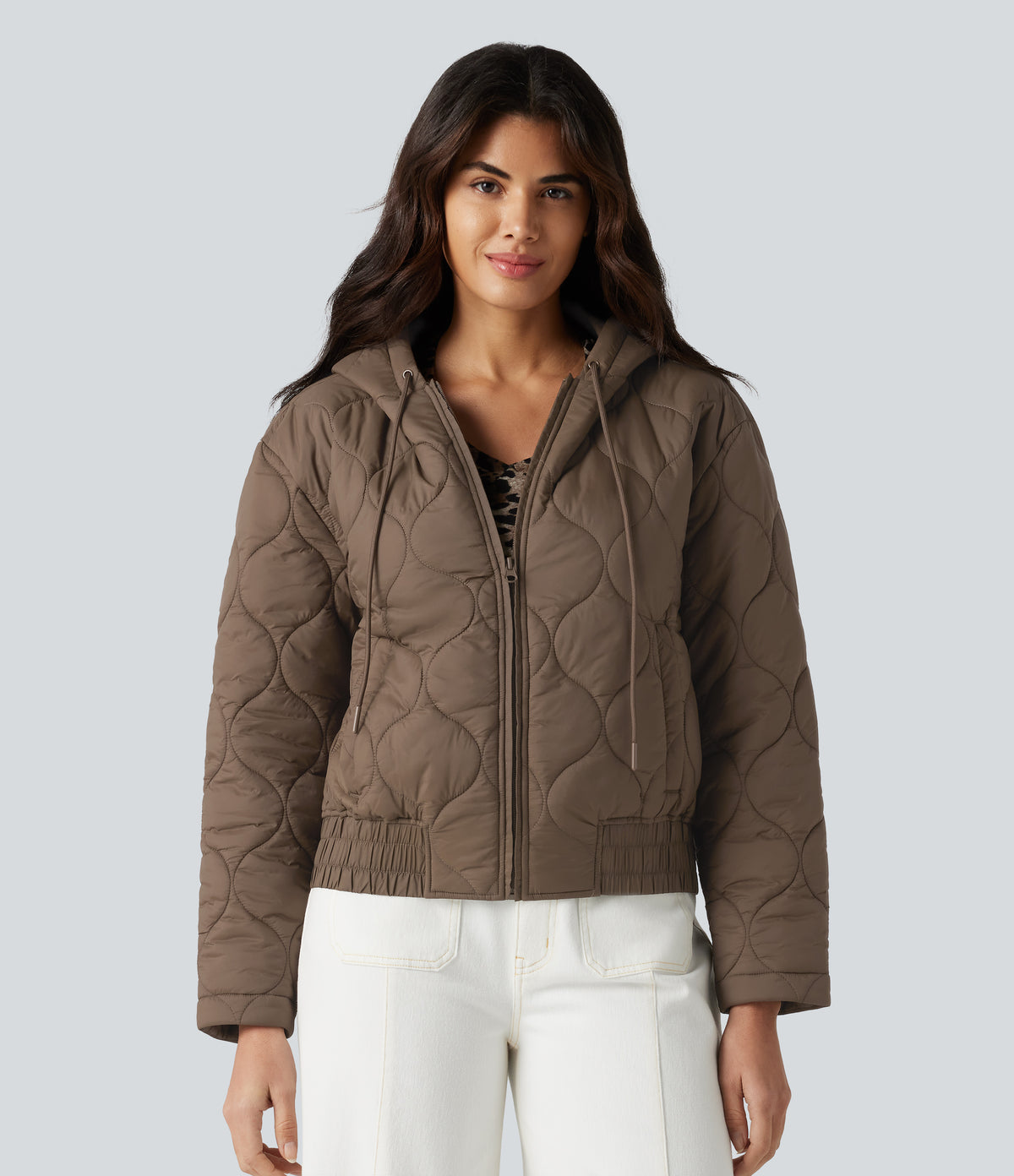 Hooded Drawstring Long Sleeve Casual Padded Jacket with Pockets — Shitake — view 3