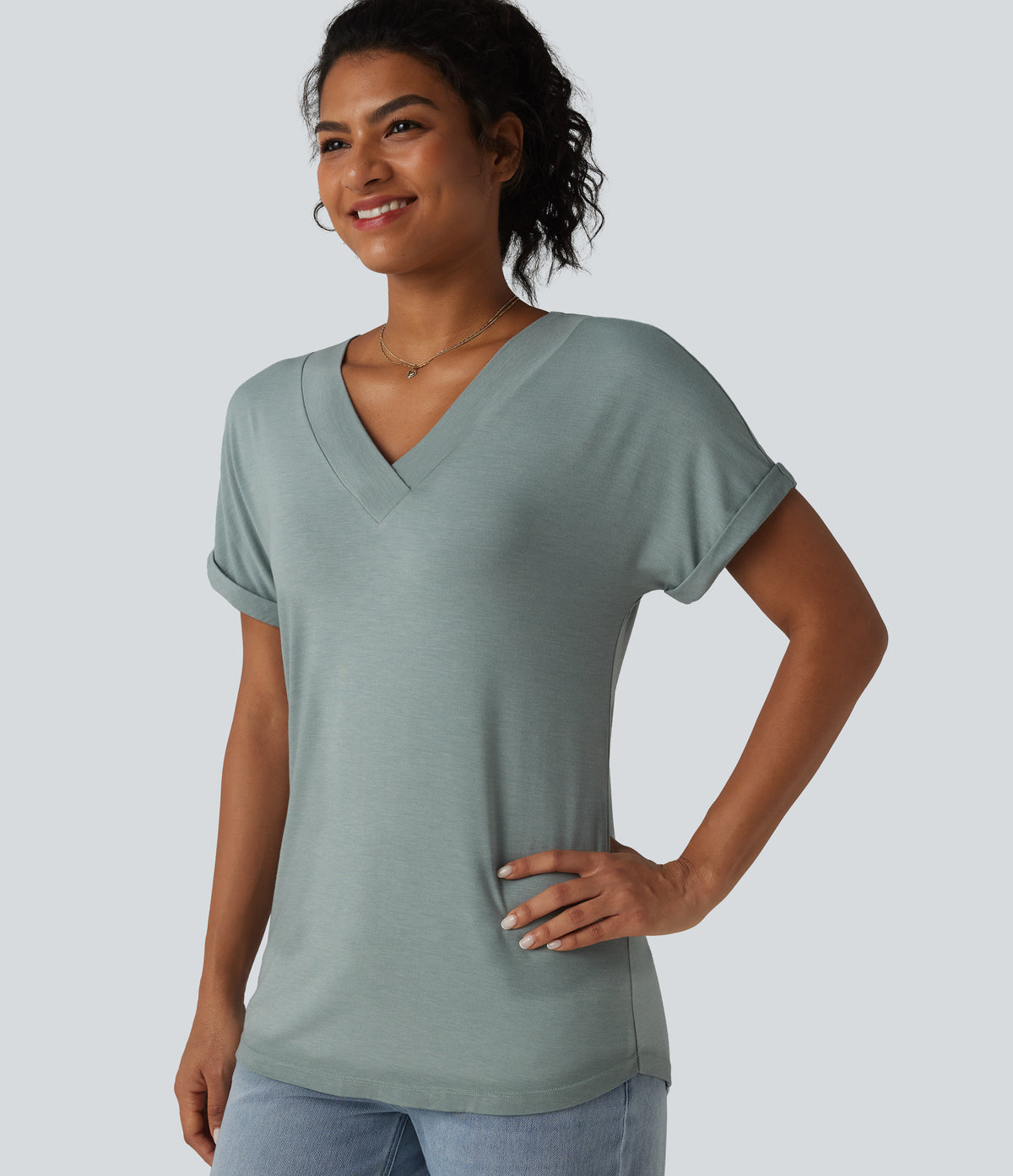 V-neck Batwing Short Sleeve Casual T-Shirt — Mottled Pine Green — view 5