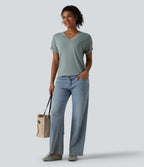 V-neck Batwing Short Sleeve Casual T-Shirt — Mottled Pine Green — view 6