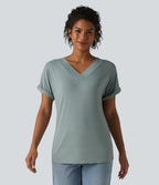 V-neck Batwing Short Sleeve Casual T-Shirt — Mottled Pine Green — view 3