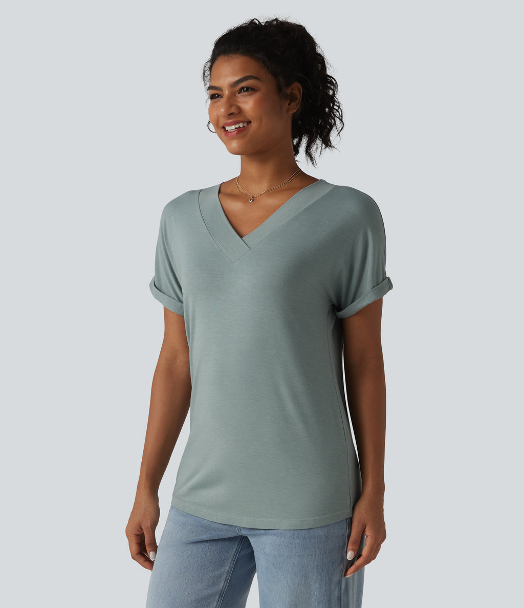 V-neck Batwing Short Sleeve Casual T-Shirt — Mottled Pine Green — view 4