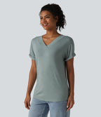 V-neck Batwing Short Sleeve Casual T-Shirt — Mottled Pine Green — view 4