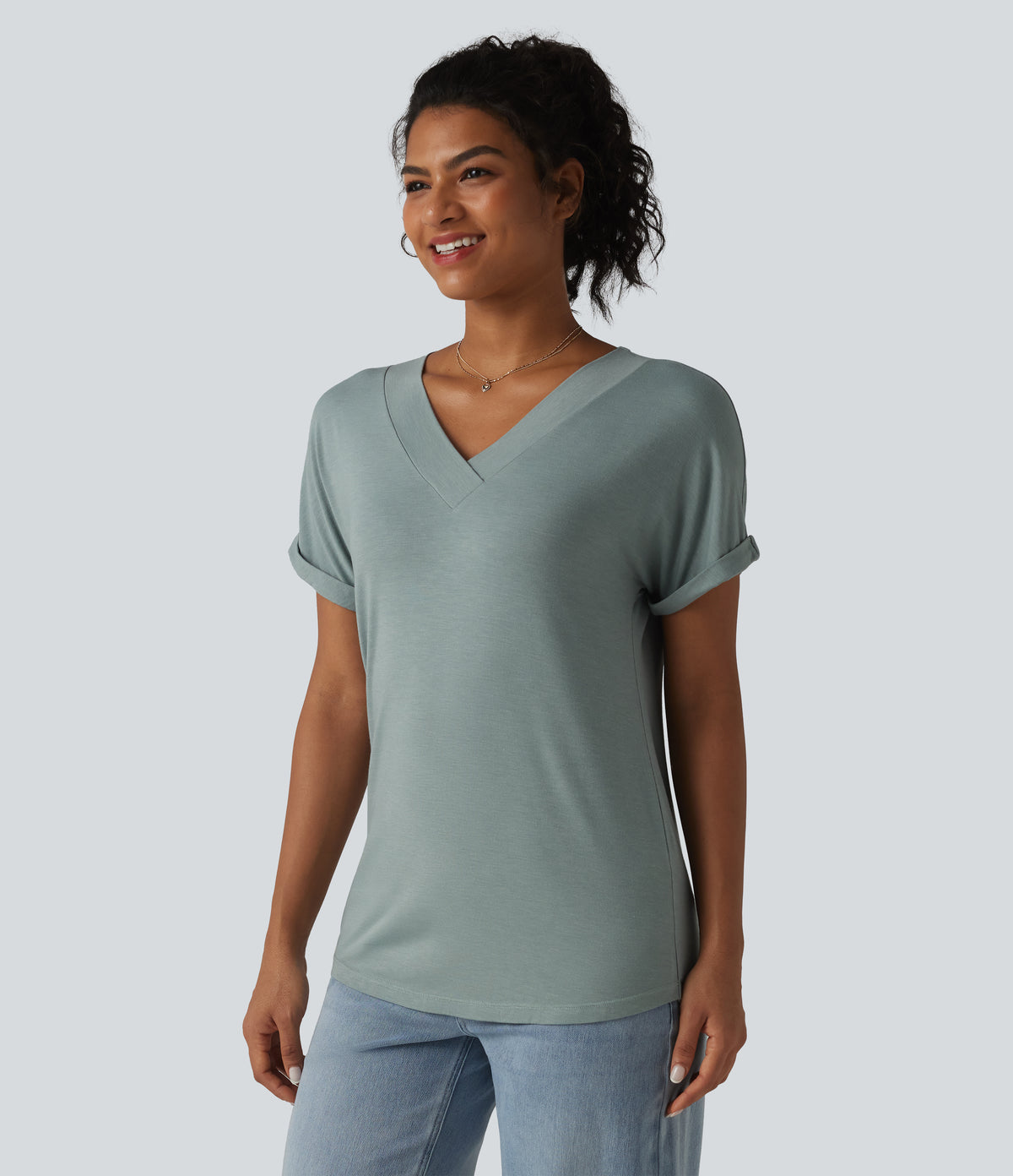 V-neck Batwing Short Sleeve Casual T-Shirt — Mottled Pine Green — view 4