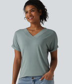 V-neck Batwing Short Sleeve Casual T-Shirt — Mottled Pine Green — view 1