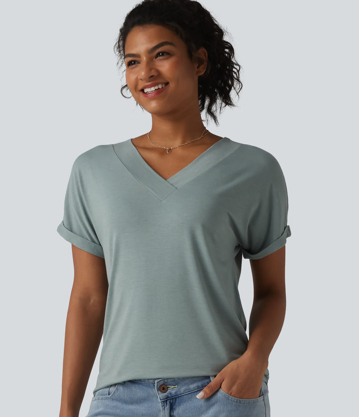 V-neck Batwing Short Sleeve Casual T-Shirt — Mottled Pine Green — view 1
