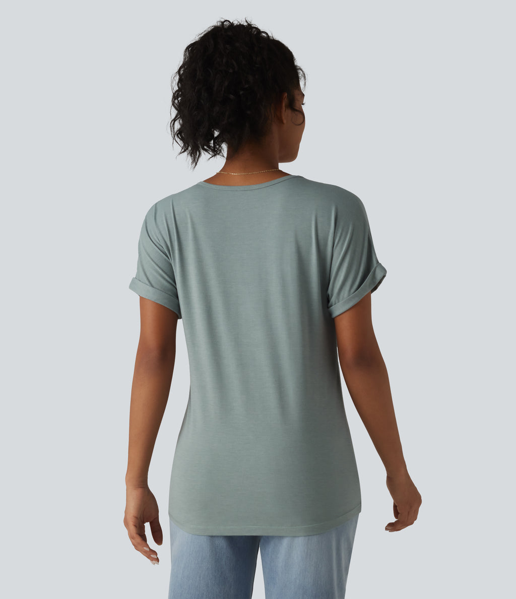 V-neck Batwing Short Sleeve Casual T-Shirt — Mottled Pine Green — view 2