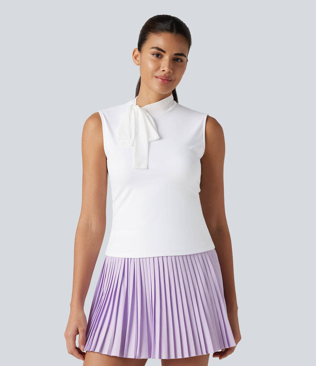 Airy Mock Neck Tie Sleeveless InstantCool Golf Sports Top — White — view 5
