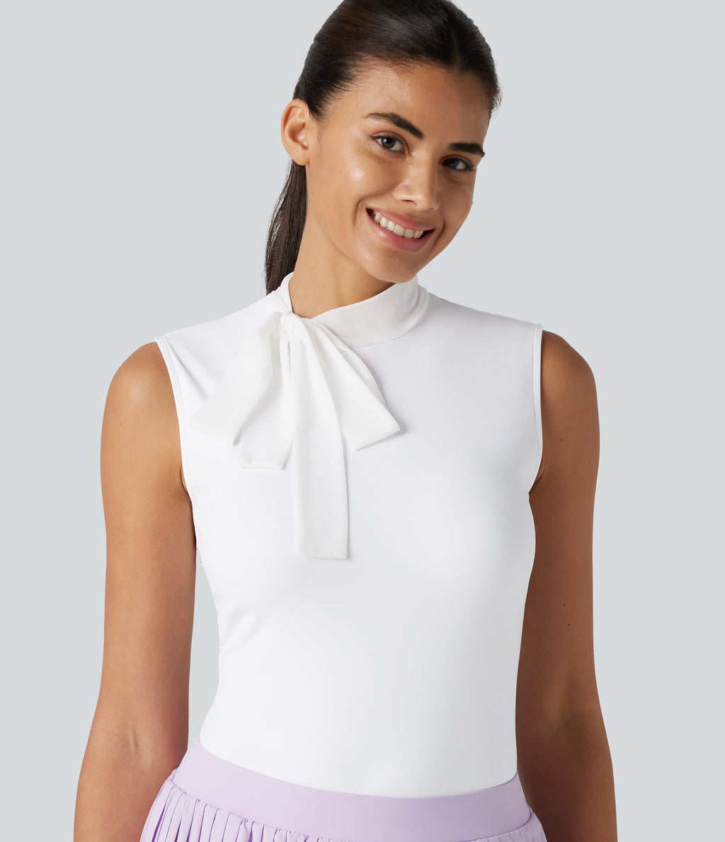 Airy Mock Neck Tie Sleeveless InstantCool Golf Sports Top — White — view 1