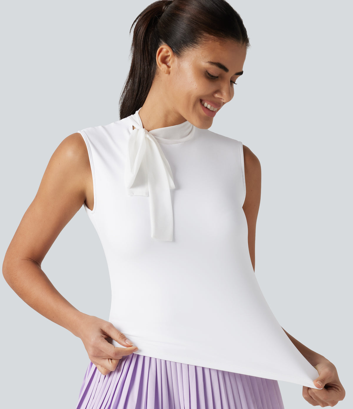 Airy Mock Neck Tie Sleeveless InstantCool Golf Sports Top — White — view 6