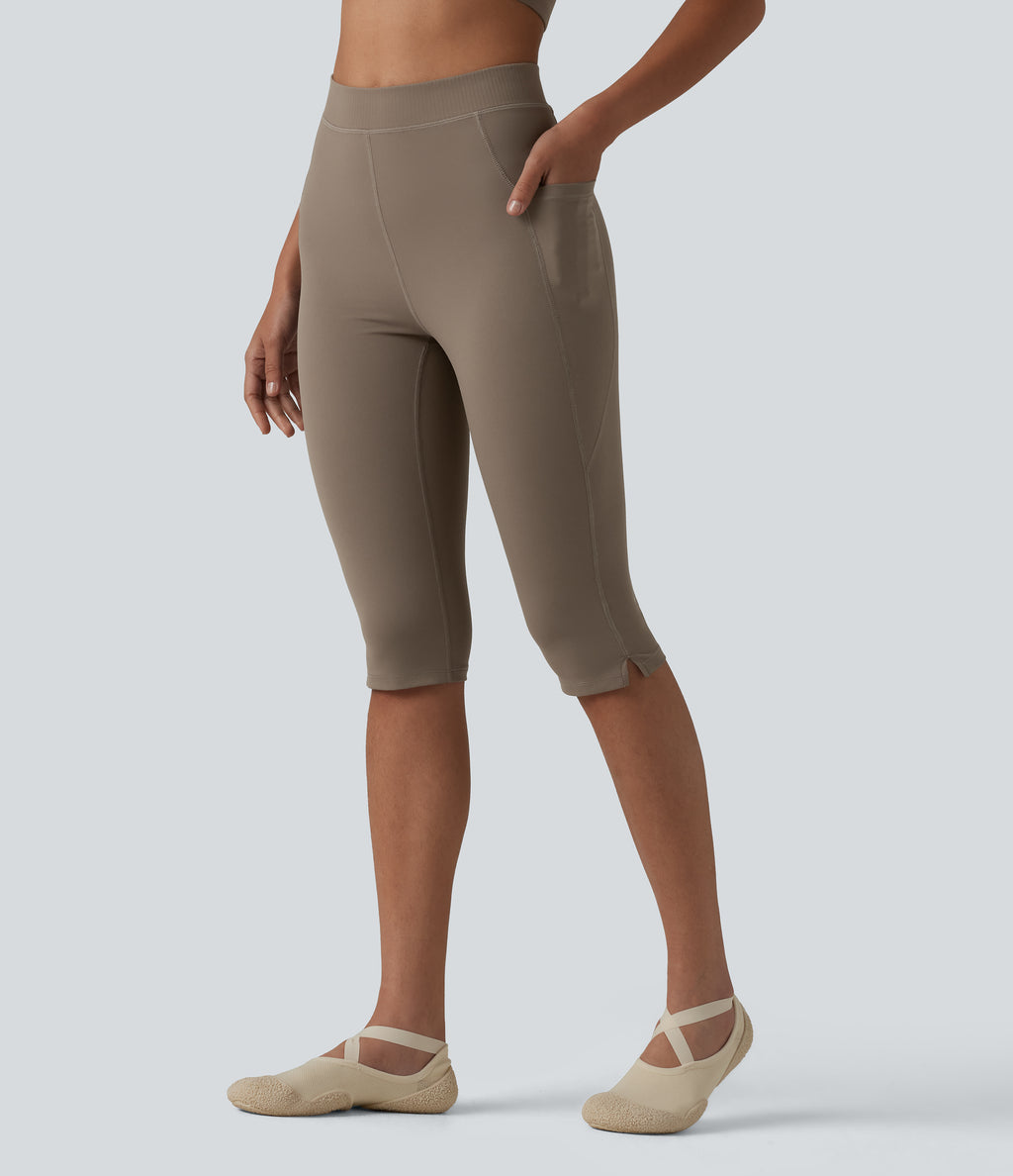 High Waisted Pedal Pusher Yoga Leggings with Pockets — Dawn Brown — view 1