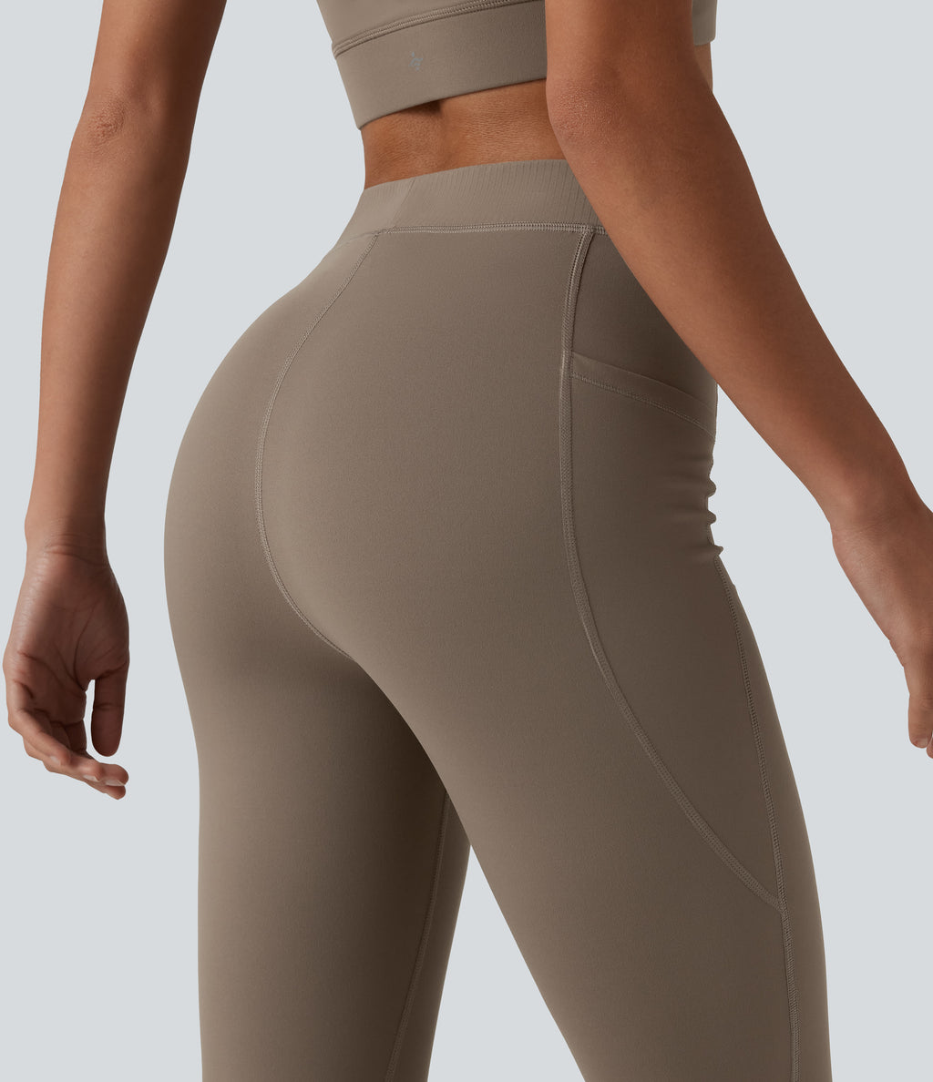 High Waisted Pedal Pusher Yoga Leggings with Pockets — Dawn Brown — view 5
