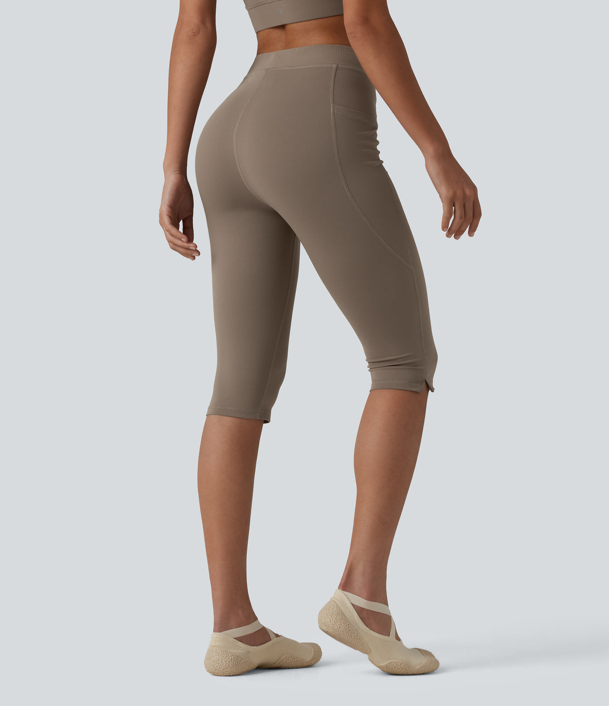 High Waisted Pedal Pusher Yoga Leggings with Pockets — Dawn Brown — view 2