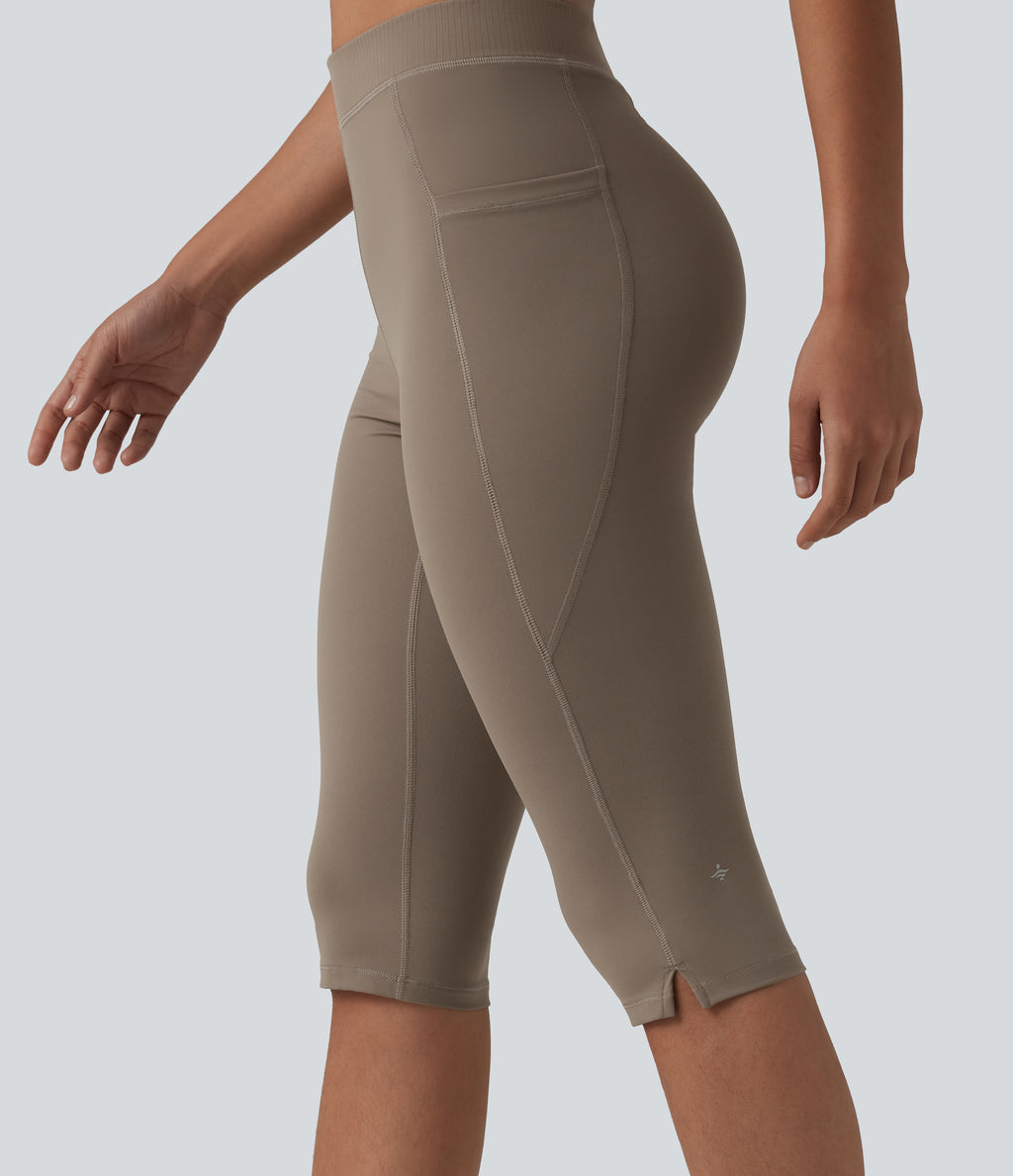 High Waisted Pedal Pusher Yoga Leggings with Pockets — Dawn Brown — view 4