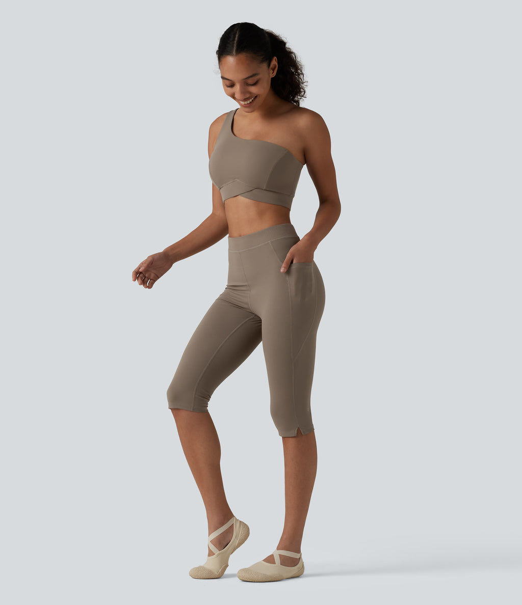High Waisted Pedal Pusher Yoga Leggings with Pockets — Dawn Brown — view 7