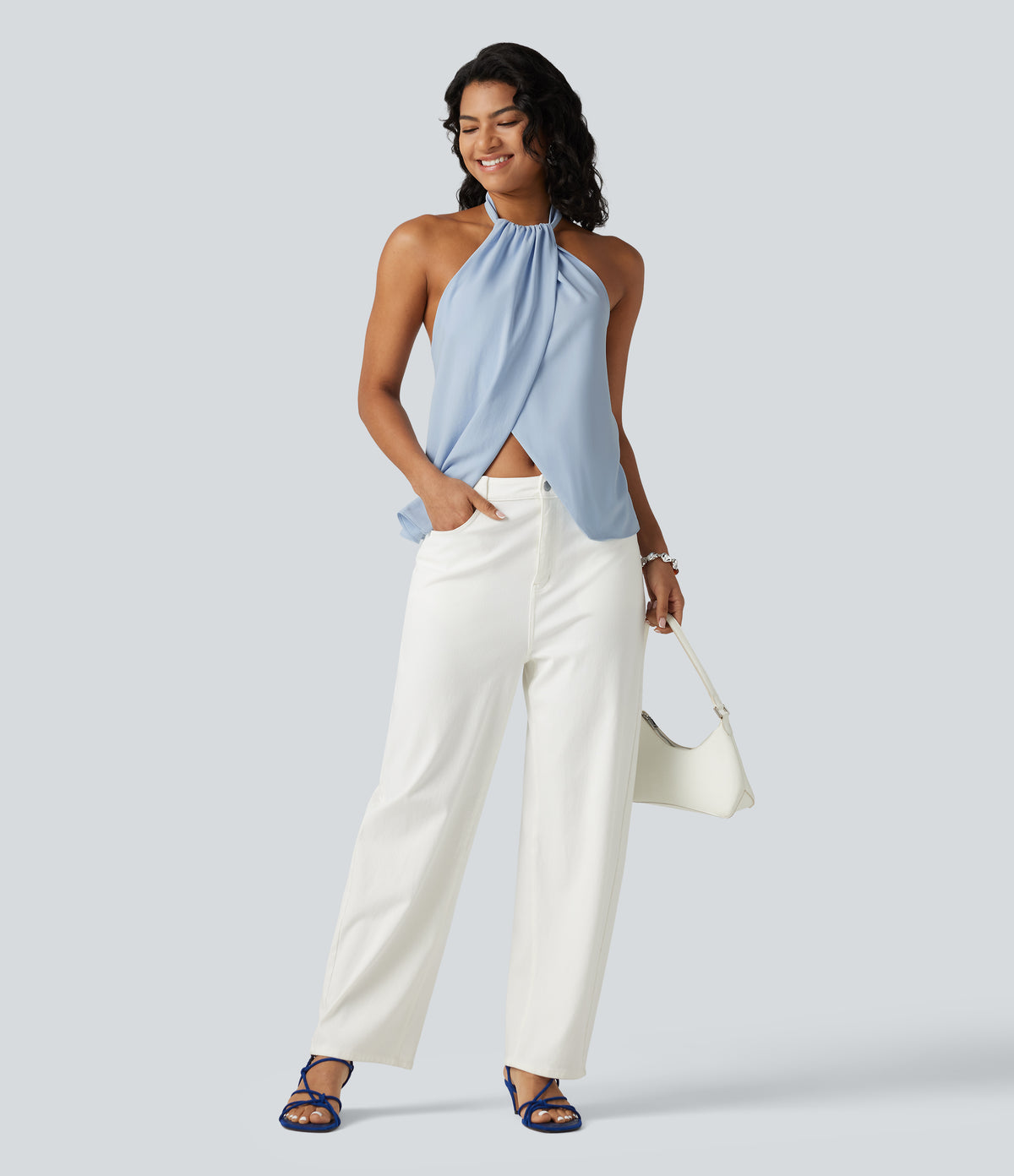 Backless Tie-back Casual Halter Top — Light Steel Blue — view 7