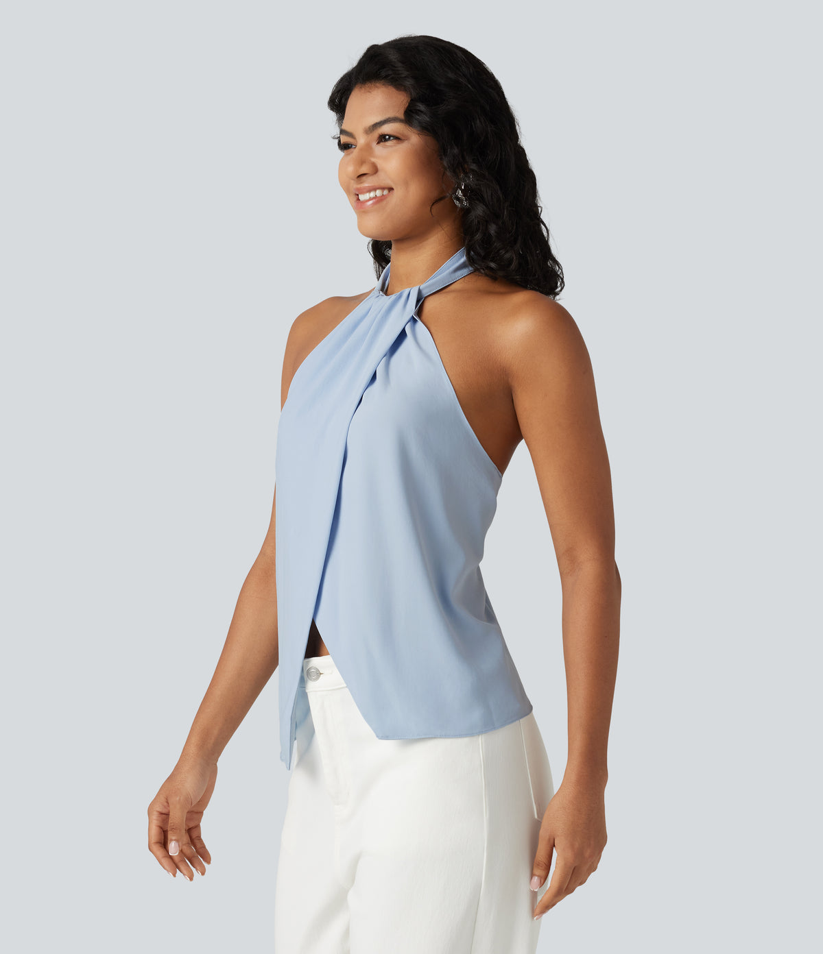 Backless Tie-back Casual Halter Top — Light Steel Blue — view 3