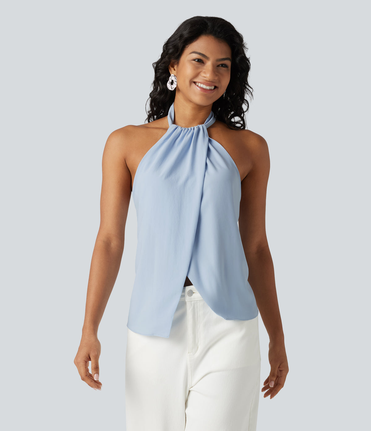 Backless Tie-back Casual Halter Top — Light Steel Blue — view 2
