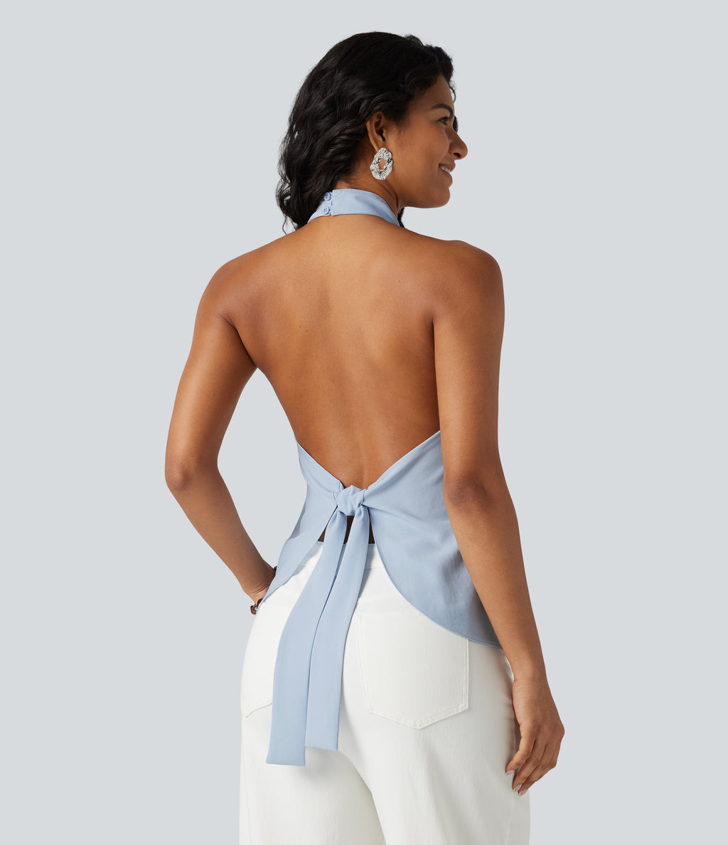 Backless Tie-back Casual Halter Top — Light Steel Blue — view 4