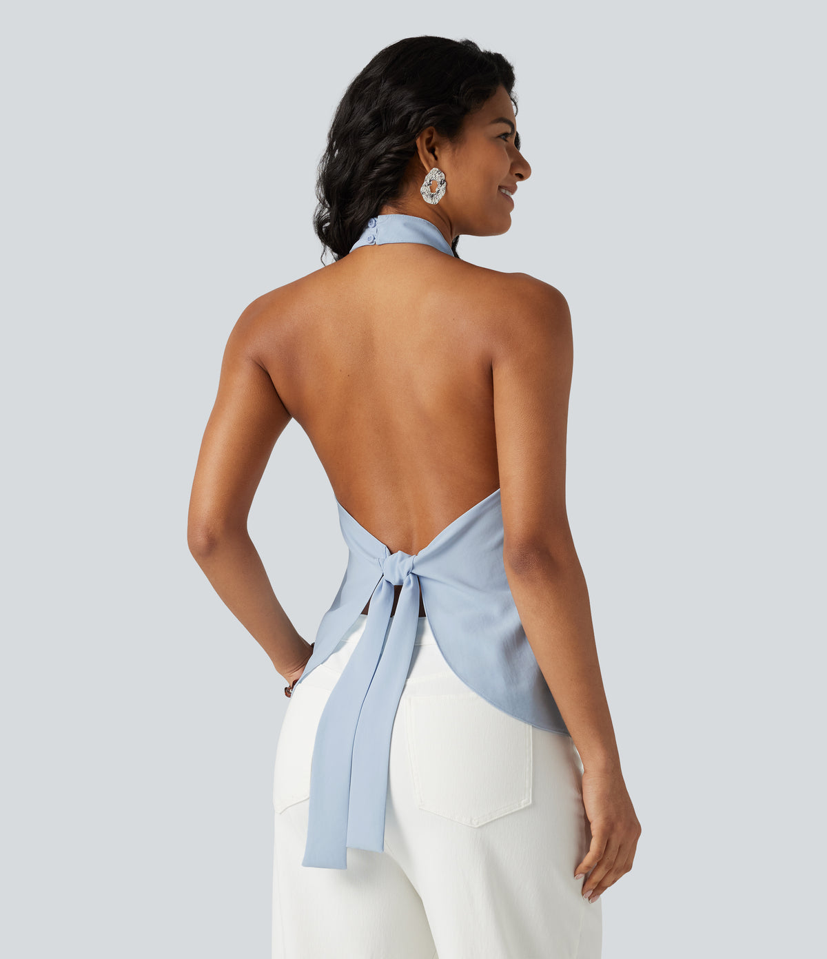 Backless Tie-back Casual Halter Top — Light Steel Blue — view 4