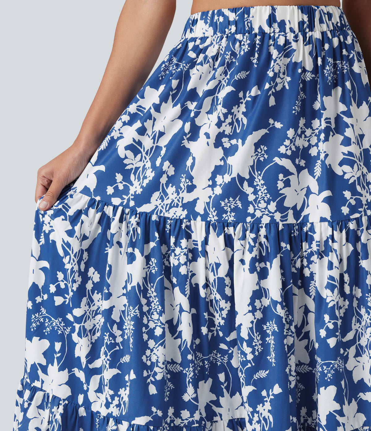 High Waisted Floral Print Tiered Maxi Resort Flowy Skirt — Royal Bloom — view 5