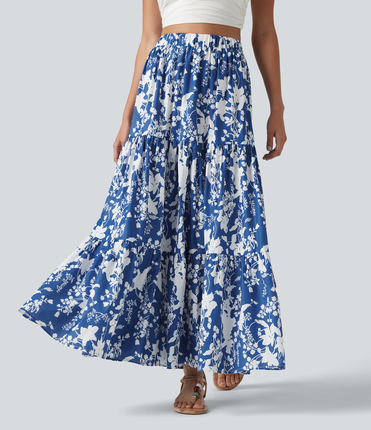 High Waisted Floral Print Tiered Maxi Resort Flowy Skirt — Royal Bloom — view 2