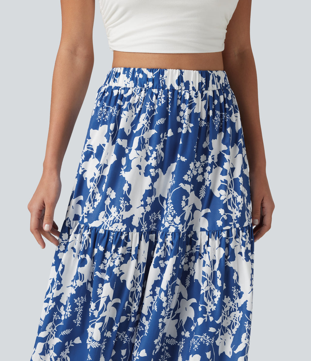 High Waisted Floral Print Tiered Maxi Resort Flowy Skirt — Royal Bloom — view 6