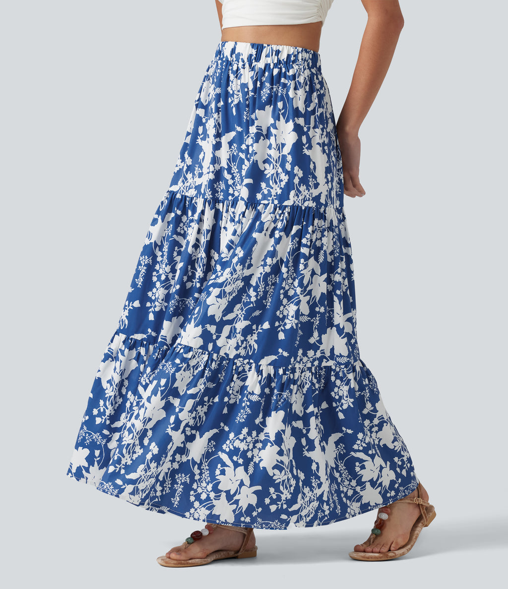 High Waisted Floral Print Tiered Maxi Resort Flowy Skirt — Royal Bloom — view 4