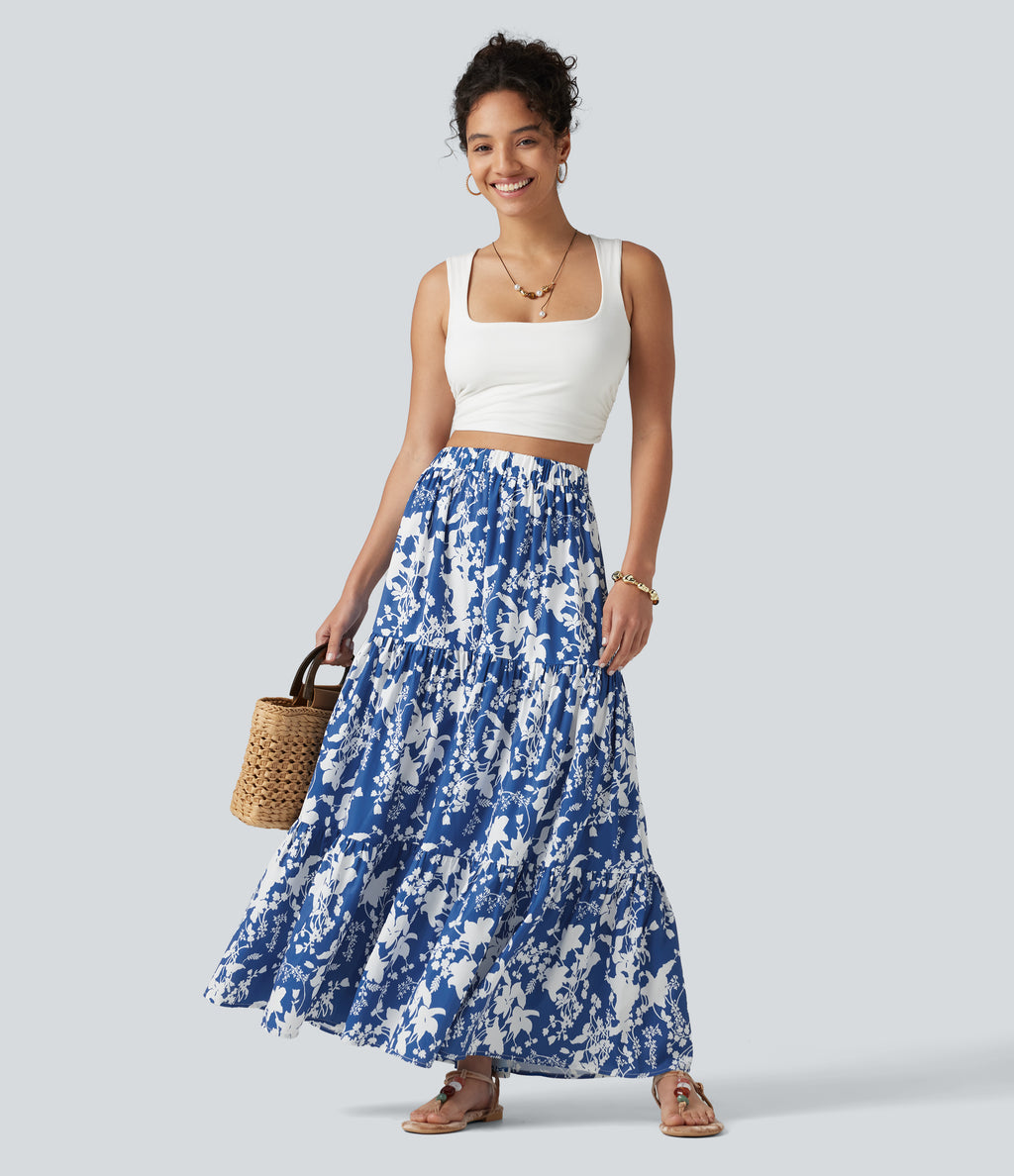 High Waisted Floral Print Tiered Maxi Resort Flowy Skirt — Royal Bloom — view 1