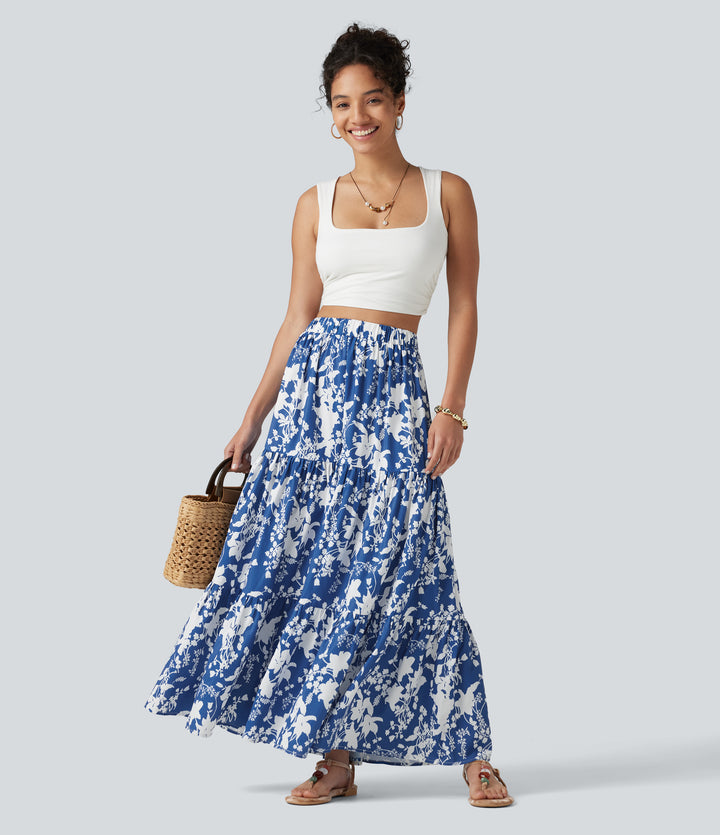 High Waisted Floral Print Tiered Maxi Resort Flowy Skirt — Royal Bloom — view 1