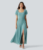 Square Neck Short Sleeve Built-in Bra Tie Back Flowy Maxi Dress — Nile Blue — view 1