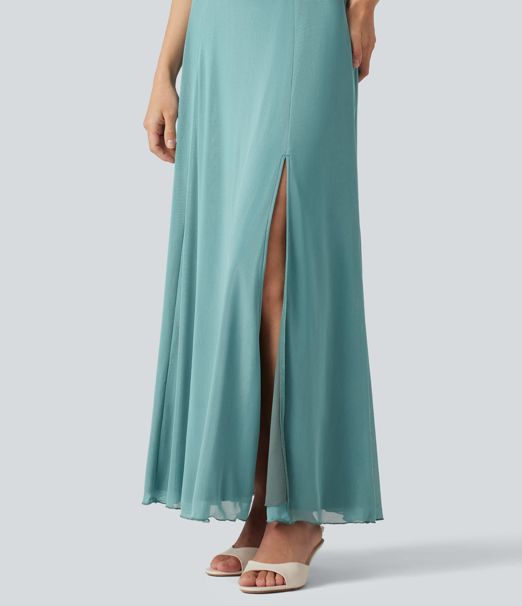 Square Neck Short Sleeve Built-in Bra Tie Back Flowy Maxi Dress — Nile Blue — view 8