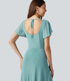 Square Neck Short Sleeve Built-in Bra Tie Back Flowy Maxi Dress — Nile Blue — view 5