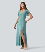 Square Neck Short Sleeve Built-in Bra Tie Back Flowy Maxi Dress — Nile Blue — view 3