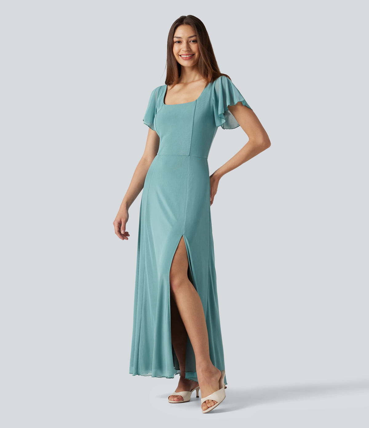 Square Neck Short Sleeve Built-in Bra Tie Back Flowy Maxi Dress — Nile Blue — view 3