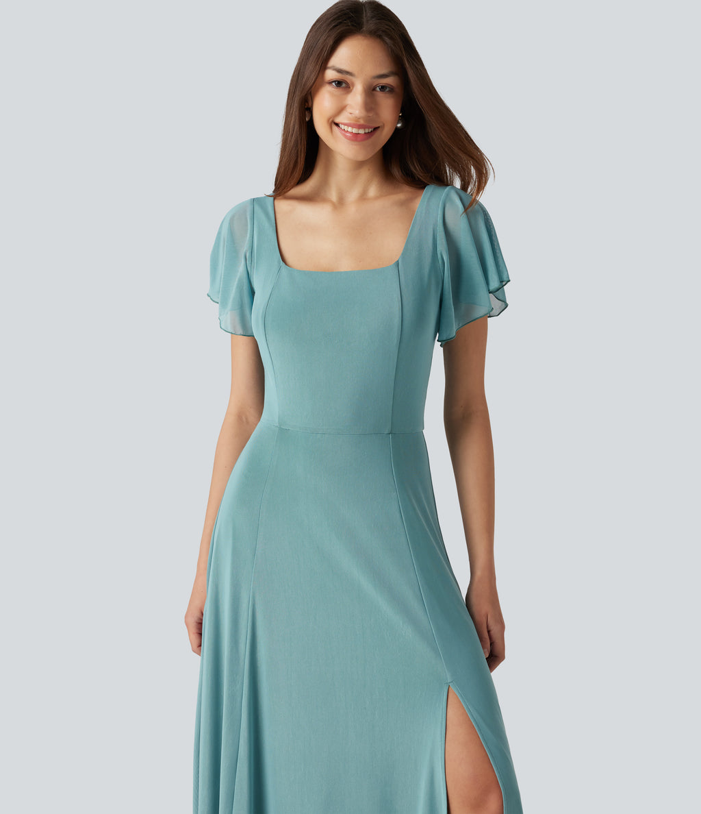 Square Neck Short Sleeve Built-in Bra Tie Back Flowy Maxi Dress — Nile Blue — view 4