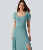 Square Neck Short Sleeve Built-in Bra Tie Back Flowy Maxi Dress — Nile Blue — view 4