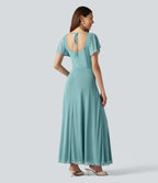 Square Neck Short Sleeve Built-in Bra Tie Back Flowy Maxi Dress — Nile Blue — view 2