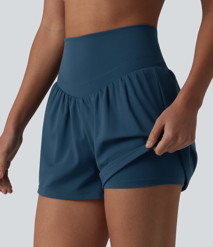 Airy High Waisted Crossover Back 2-in-1 InstantCool Yoga Shorts with Pocket — Majolica Blue — view 1