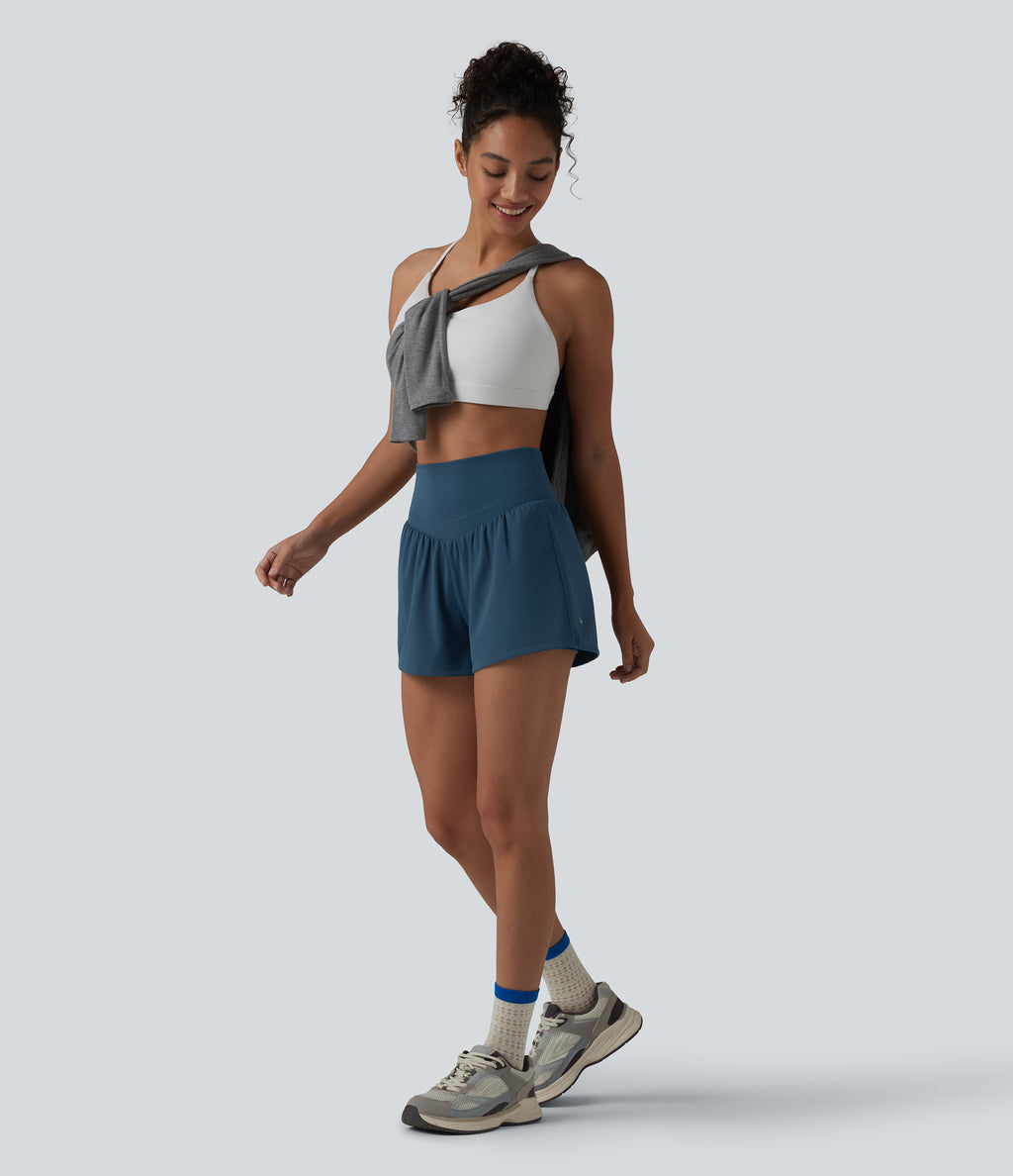 Airy High Waisted Crossover Back 2-in-1 InstantCool Yoga Shorts with Pocket — Majolica Blue — view 8