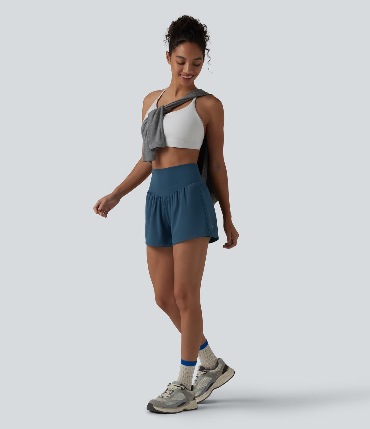 Airy High Waisted Crossover Back 2-in-1 InstantCool Yoga Shorts with Pocket — Majolica Blue — view 8